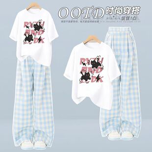 单/套装夏季爆款短袖t恤女学生韩版宽松T恤休闲蓝色格子裤两件套