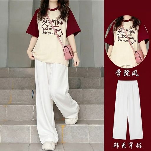 单/套装夏季女学生慵懒风宽松短袖t恤休闲阔腿裤子甜美穿搭两件套