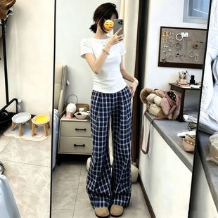韩系少女休闲运动套装简约修身显瘦短袖T恤女格子裤子潮流两件套