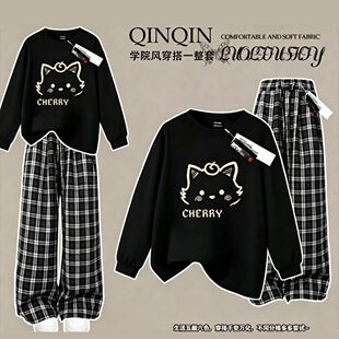 单/套装春秋款套装女学生韩版宽松圆领卫衣休闲阔腿裤学院风潮