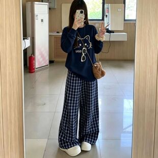 休闲运动服长袖百搭套装女学生秋冬宽松圆领上衣阔腿裤两件套韩版