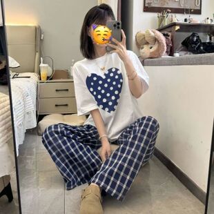 套装/单夏季短袖t恤学生爱心韩版宽松休闲藏蓝色格子裤子女两件套