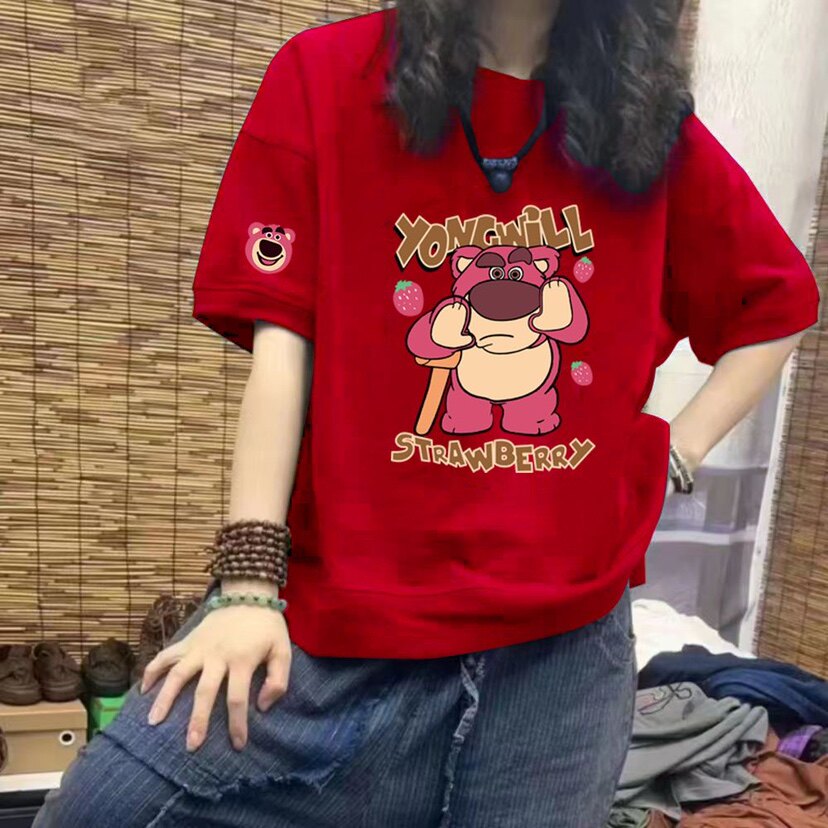 100%纯棉拼接短袖T恤女春夏季新款宽松休闲小熊半袖体恤上衣女