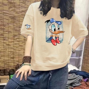 宽松减龄拼接唐老鸭印花中长款 夏季 纯棉上衣潮 T恤女新款 纯棉短袖
