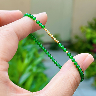 天然辣阳绿色冰种翡翠小米珠子手链串钏女款 可叠戴18k黄金 新中式