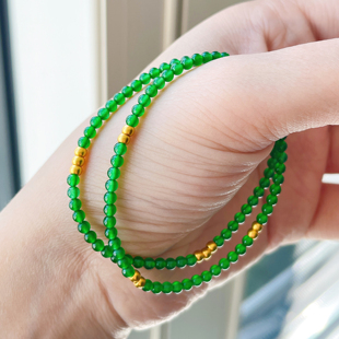 天然翡翠小米珠双圈手链串钏辣阳绿色冰种珠子新中式 999千足黄金