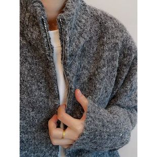 dannyandzee秋冬复古百搭耐脏慵懒风宽松深灰色拉链毛衣外套男INS
