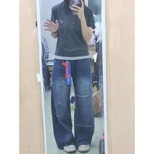男女同款 牛仔裤 设计感拼接褶皱宽松直筒阔腿工装 2021m美式