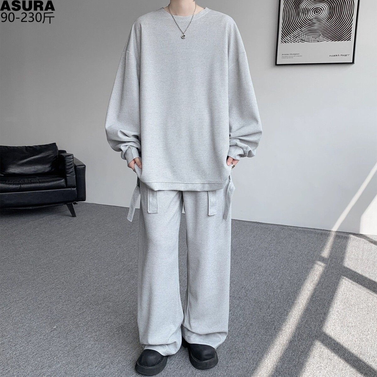 华夫格飘带两件套装男卫衣弹力长休闲运动套装