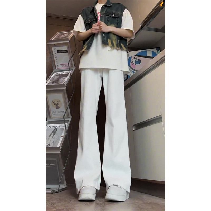 白色弯刀微喇牛仔裤男士春秋季美式高街ootd裤子直筒修身显腿长裤