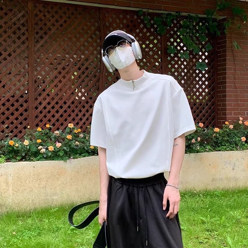 夏季新款cleanfit短袖设计感小众男白色半拉链圆领T恤休闲五分袖