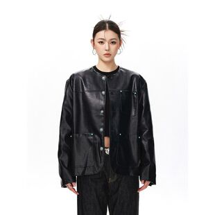 黑色鳄鱼纹无领皮衣外套男秋季穿搭潮牌设计高级感短款正肩皮夹克