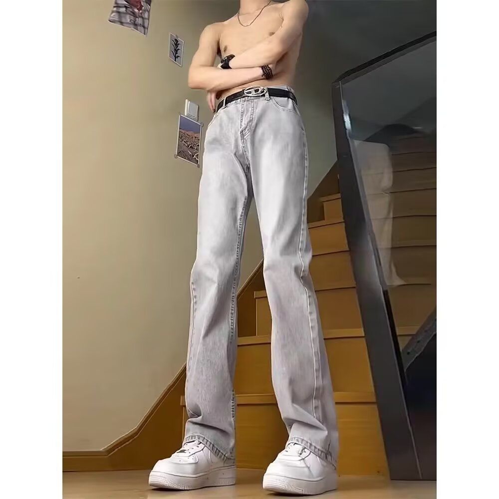 烟灰水泥色皮带款牛仔裤男潮流青牛仔裤