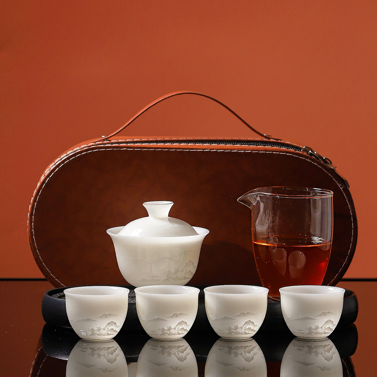 璞玉瓷茶具便携功夫茶具套装旅行盖碗户外快客杯一壶四杯礼盒装