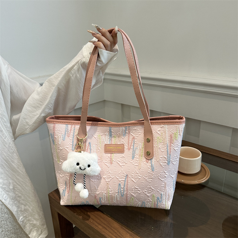 休闲通勤大容量包包女新款时尚大学生上课单肩条纹刺绣托特包