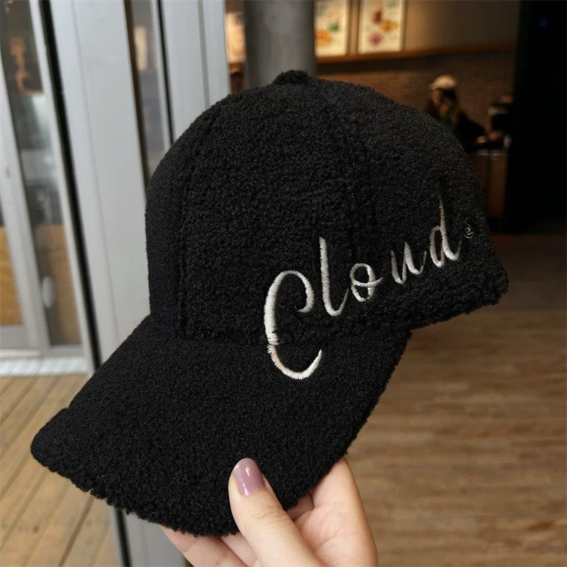 润花羊羔毛帽子女冬季时尚百搭毛绒加厚保暖棒球帽大头围鸭舌帽潮