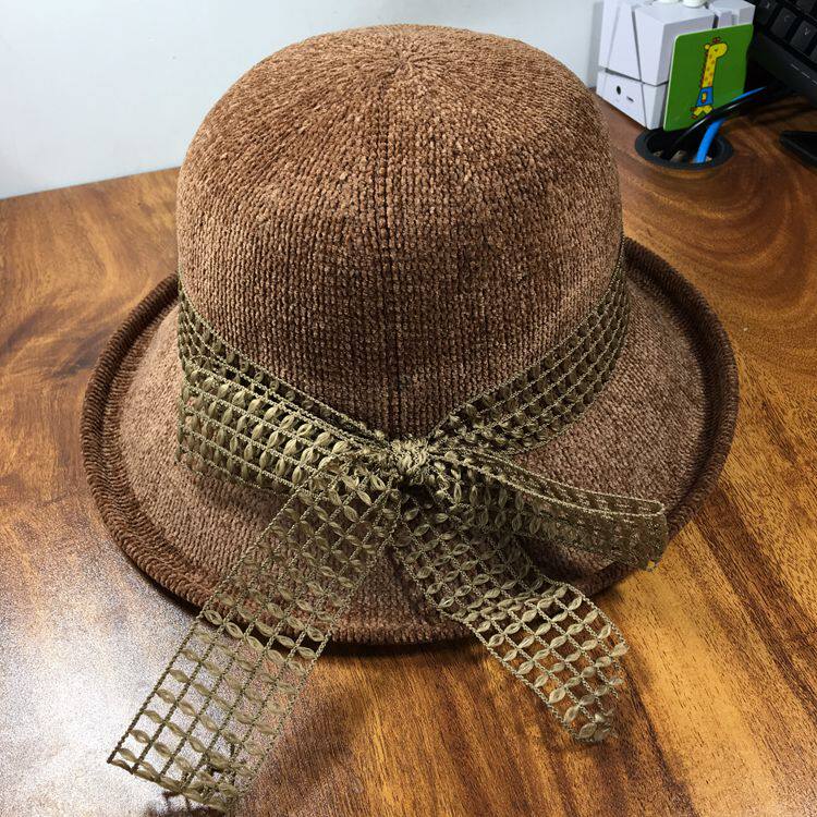 春秋帽子新款时尚镂空丝带棉麻盆帽女遮阳翻边大沿渔夫帽女太阳帽