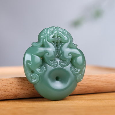 青山玉业新疆和田玉且末蓝貔貅吊坠事事平安双狮貔貅玉挂件项链玉