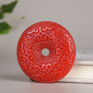 天然新疆和田玉红玉玉龙扣男女款 鸡血玉佩玉环双面回纹平安扣项链