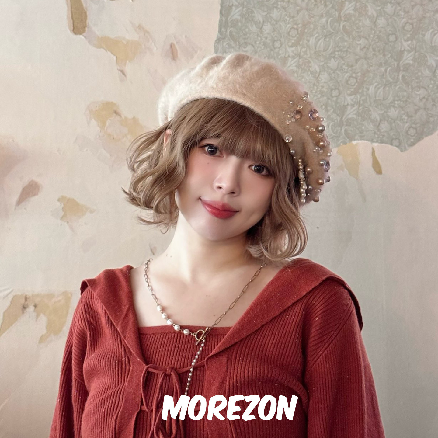 MOREZON【CIRQUTURE theatre】日本25秋冬新款珍珠水钻兔毛贝雷帽