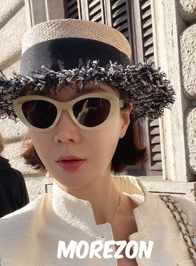 MOREZON【Brown hat Tweed boater hat】手工编织潮人平顶草帽女