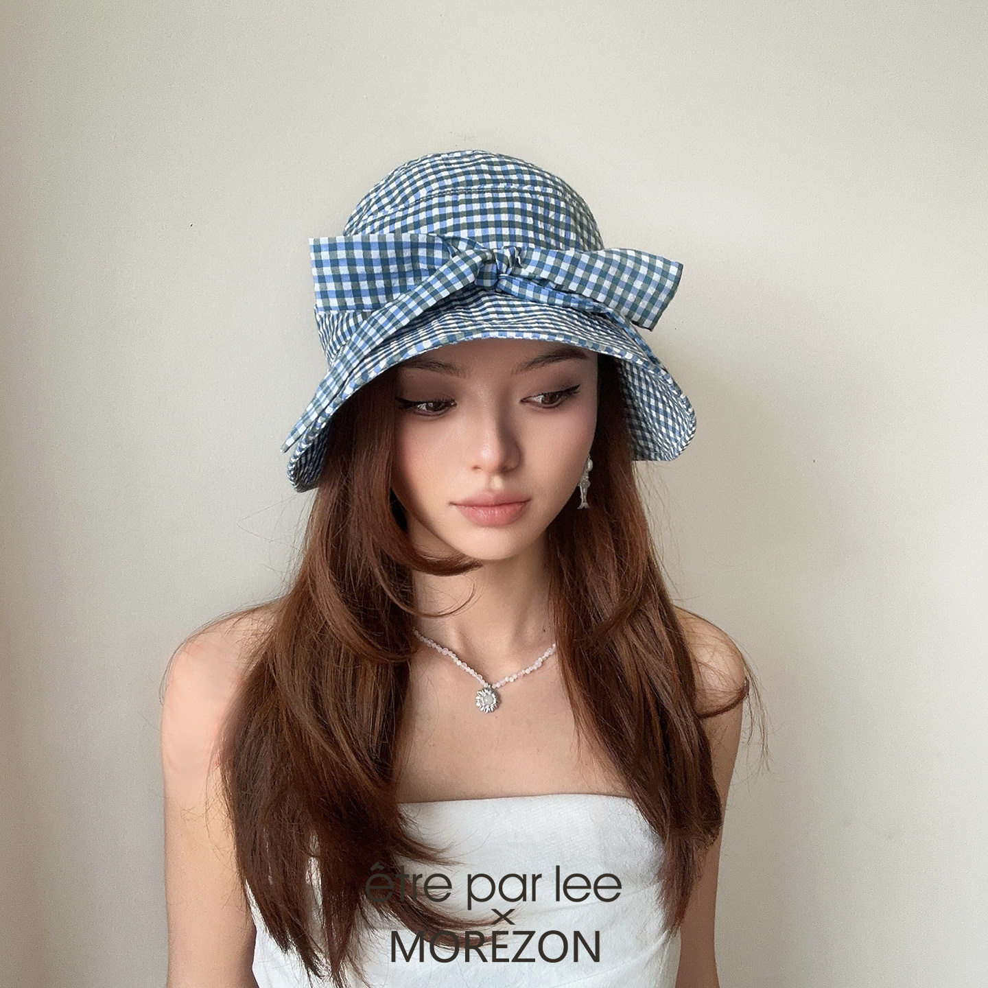 MOREZON【ETRE PAR LEE】26春夏新款日本格纹蝴蝶结系带渔夫帽子