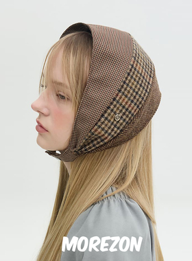 MOREZON【Brown hat Jane Strap Muff】25AW秋冬千鸟格拼接头巾女