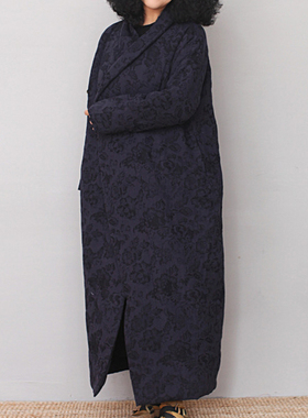 中国风棉袄女冬季深蓝色提花斜襟长款棉袍