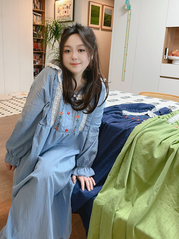 阿乐乐大码连衣裙春款加长加大小花边领睡裙胖MM200斤森系甜美