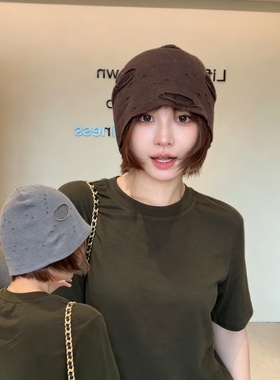 废土风破洞堆堆帽个性针织冷帽大头天蚕丝女夏透气破洞辣妹套头帽