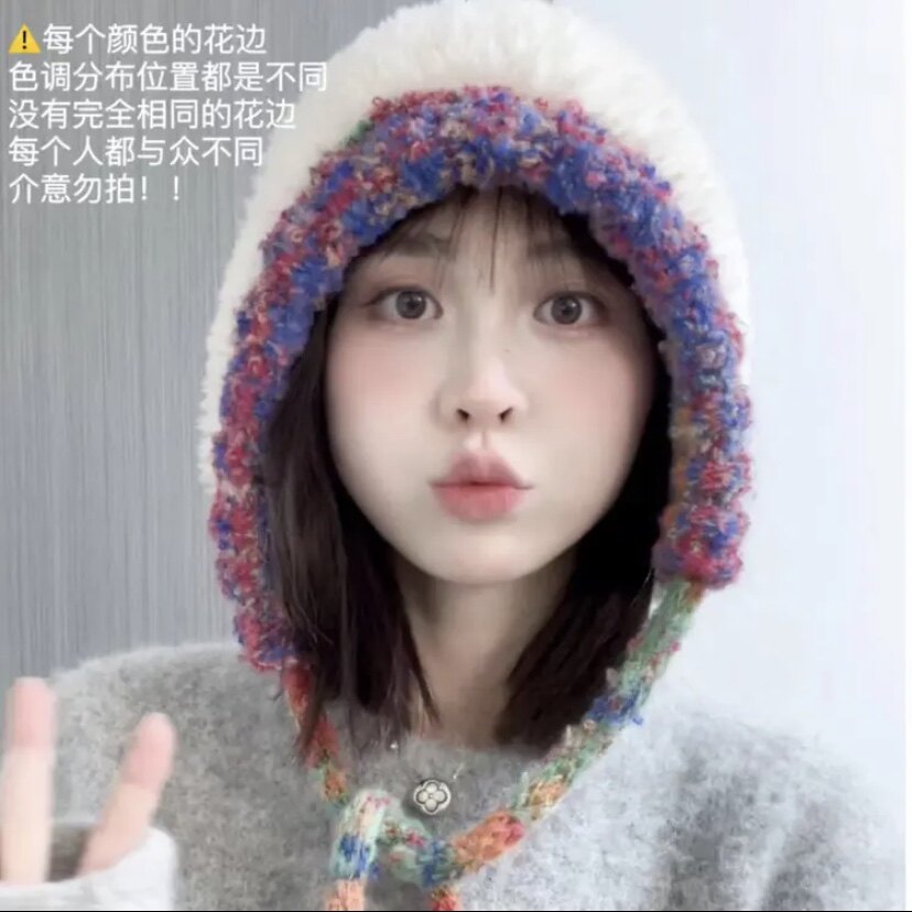 秋冬新款韩版毛绒绒护耳包头帽子保暖百搭休闲毛线针织帽混色抽绳