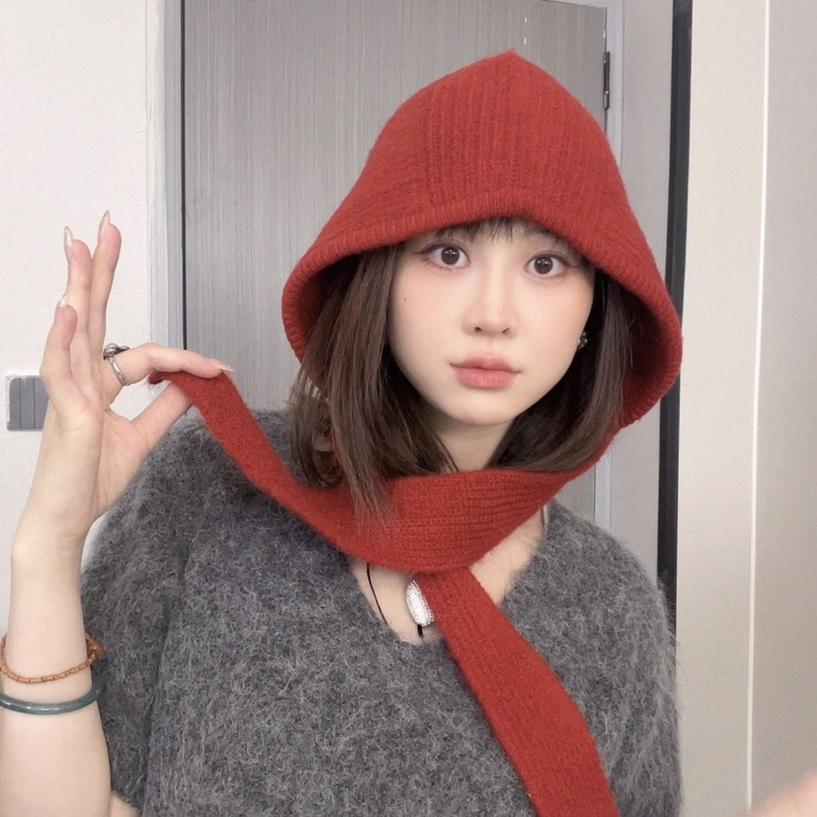 九九小红帽秋冬季韩版针织兜帽围脖保暖毛线帽时尚百搭针织帽女