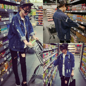 秋夏新款时尚百搭学生牛仔破洞短外套休闲宽松韩版长袖女装上衣潮