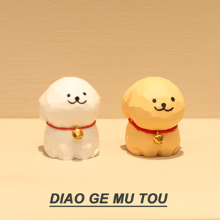 饰可爱创意手工雕刻礼品 木雕线条小狗情侣一对狗狗实木桌面摆件装