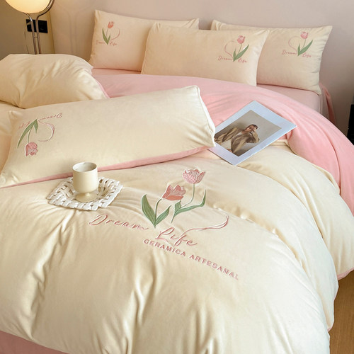 郁金香刺绣水晶绒四件套小红书