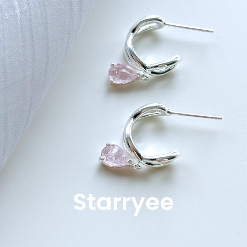 Starryee甜美粉钻锆石线条耳钉女