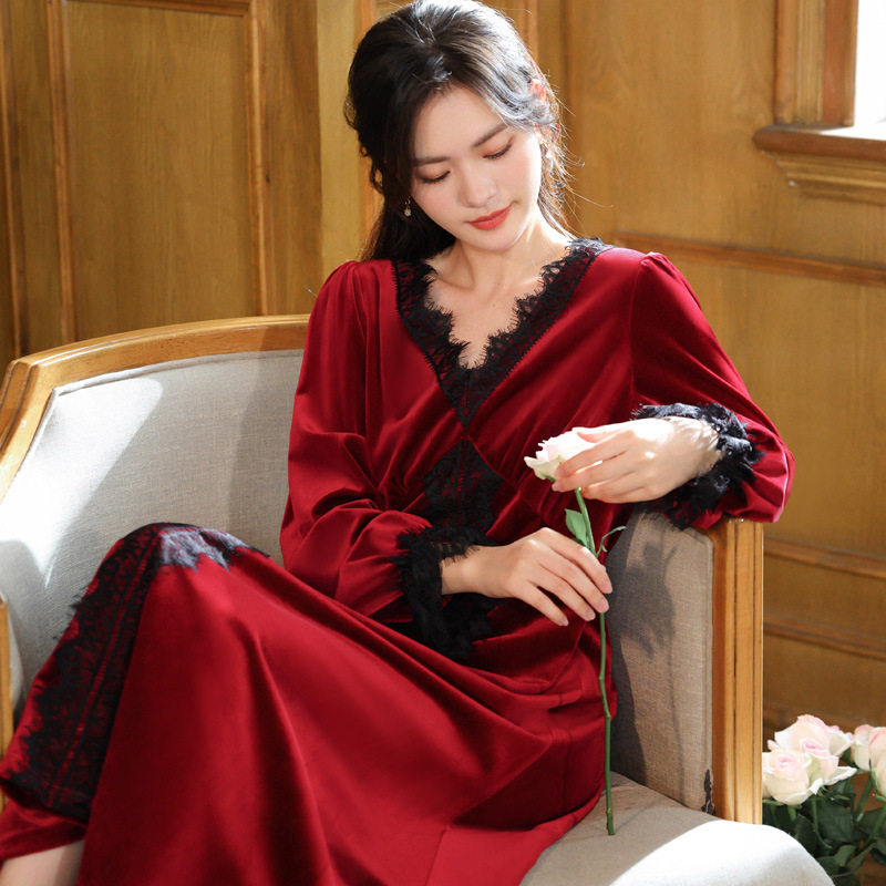 金丝绒红色秋冬复古酒红长款晨袍