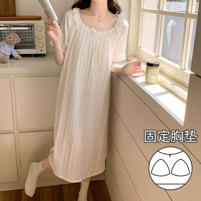 奶白色棉布睡裙春夏纱布法式公主宽松宫廷睡衣中长薄款带胸垫短袖,女士内衣/男士内衣/家居服,睡裙,淘宝优惠券,粉丝福利购,淘宝优惠卷