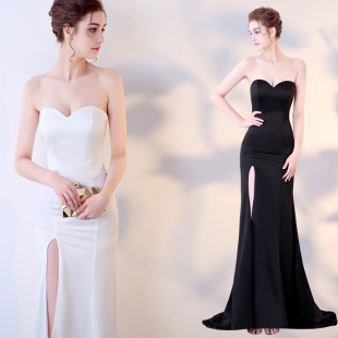 低胸抹胸开叉黑色修身 长款 包臀晚礼服敬酒 年会晚会晚装 2021年新款