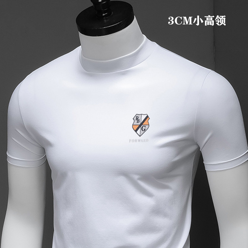 双丝光棉美式高圆领男式短袖T恤绣标小高领打底衫高弹力半袖上衣
