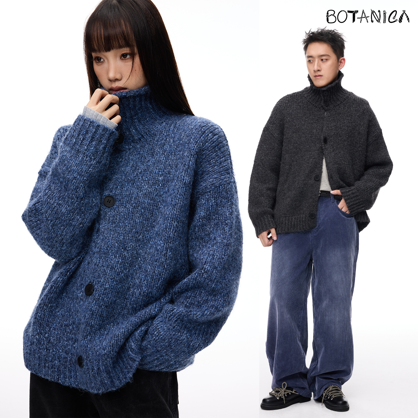 Botanica立体花纱美式复古纯色高领毛衣纽扣开衫慵懒风情侣针织衫