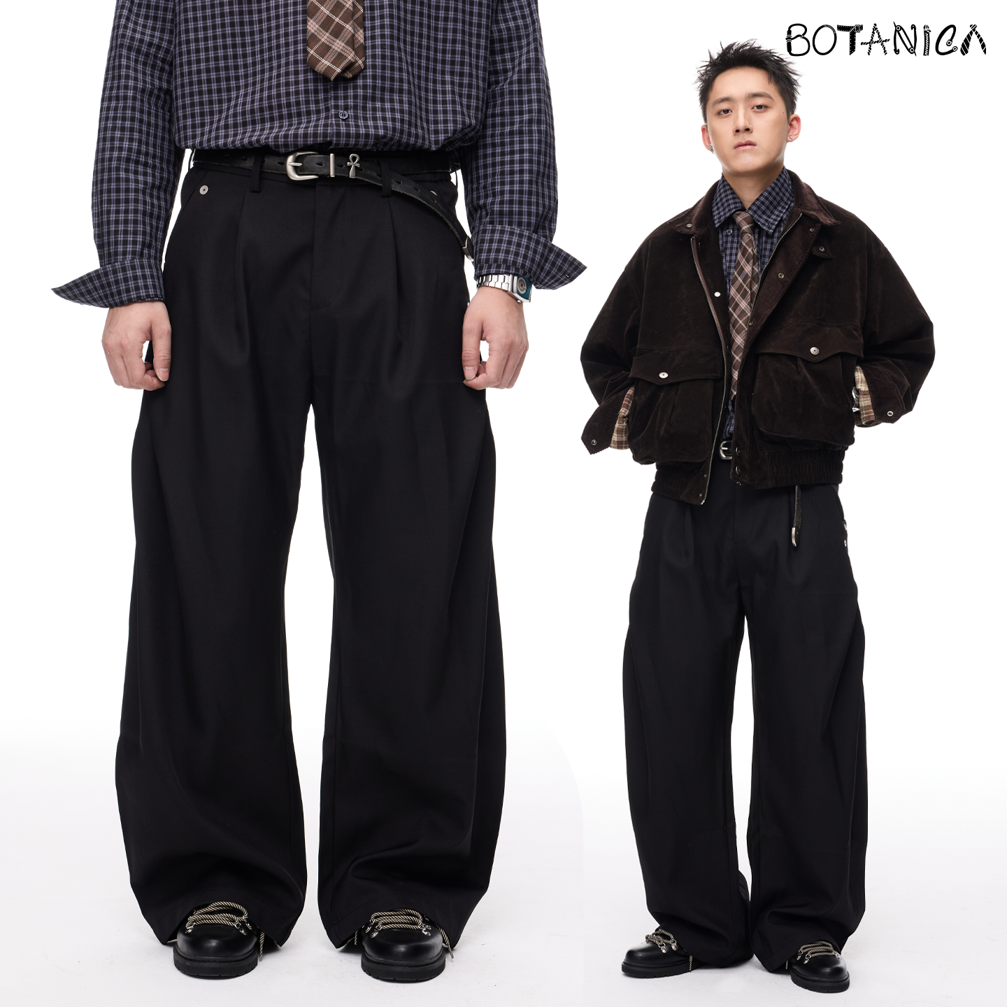 Botanica美式复古双褶皱黑色弯刀西裤秋冬男垂感微弹老钱风休闲裤