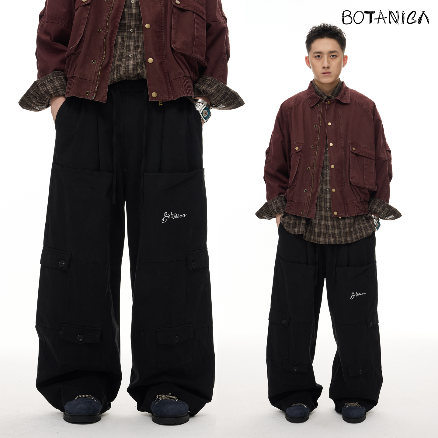 Botanica水洗美式黑色阔腿多口袋工装裤男女秋oversize松弛感裤子