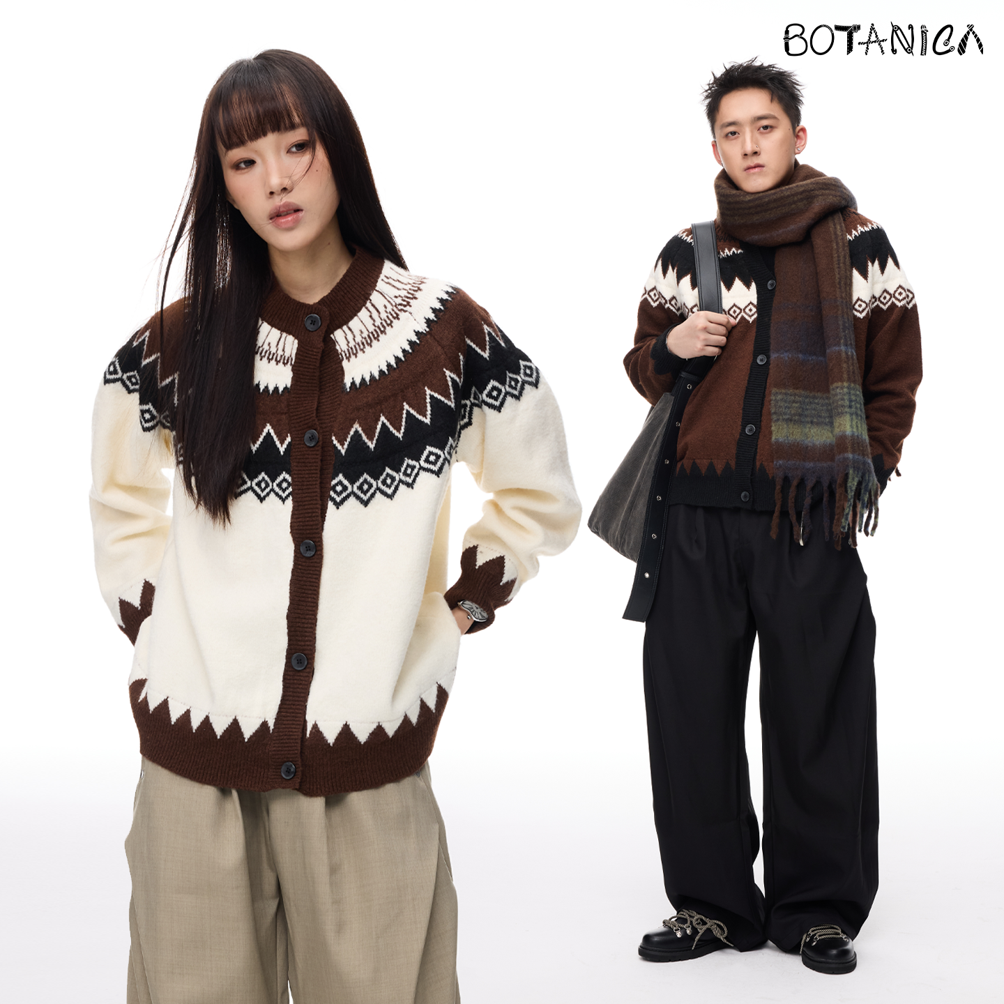 Botanica美式复古费尔岛圆领毛衣冬开衫外搭情侣白咖色慵懒针织衫