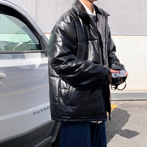 2020港风 宽松亮面加厚立领面包服 拼接男士PU皮棉衣7100-P65图片