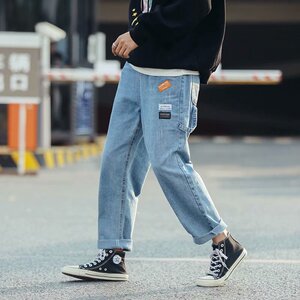 破洞牛仔裤男韩版工装原宿风裤子百搭直筒ins潮牌九分裤K193-P30图片