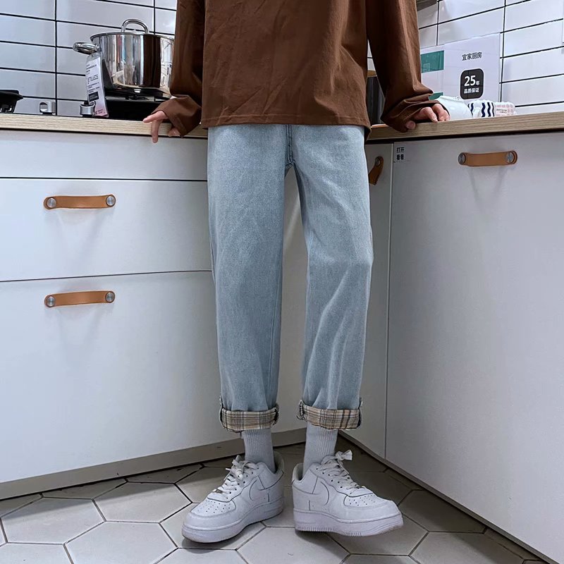 21秋季新款复古翻边格子男士牛仔裤潮流直筒九分裤百搭NZ888，男装牛仔裤，星座1703A