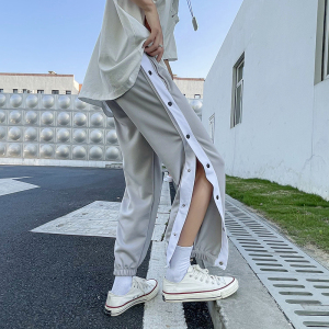 侧边全开纽扣长裤篮球运动裤排扣裤子男夏季宽松高街束脚裤KZ11图片