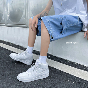 2021夏季新款工装牛仔短裤男港风男式潮流宽松五分裤子S9017-P32,中帮靴子牛仔裤怎么搭配衣服好看图片