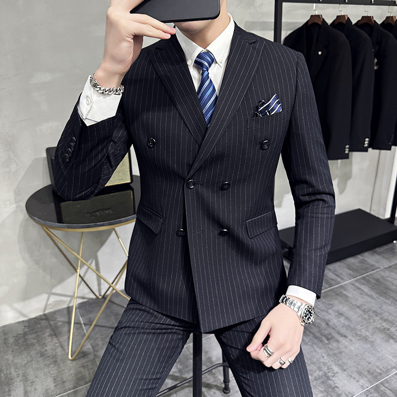 长期款西装双排扣三件套男士条纹双开叉西服套装SJT1882-P270，男装西服套装，电商D310-1
